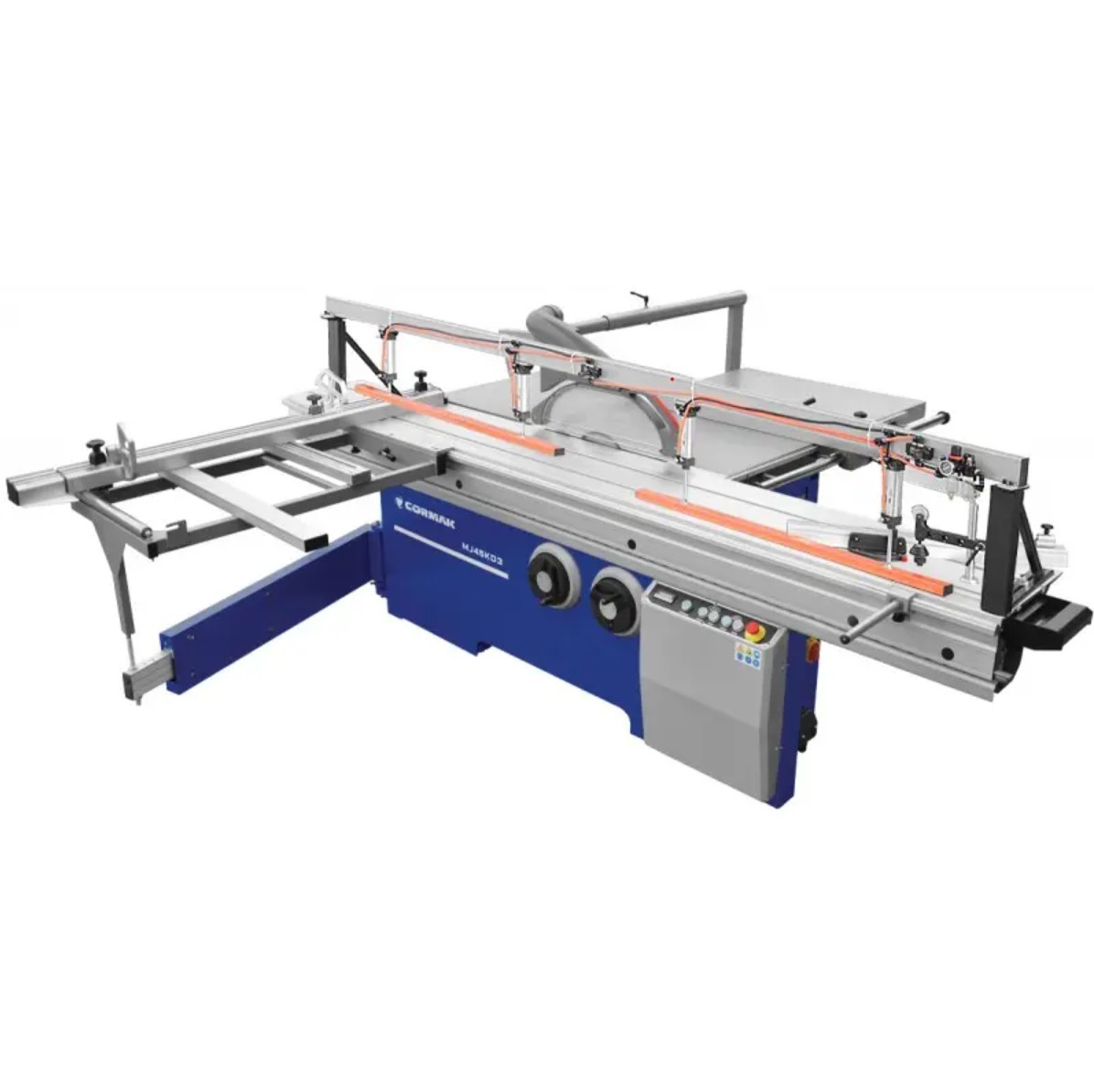 How do you adjust the scoring blade on a panel saw?